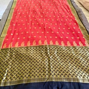 Elegant Peach pink and chocolate brown border pure Mysore silk saree